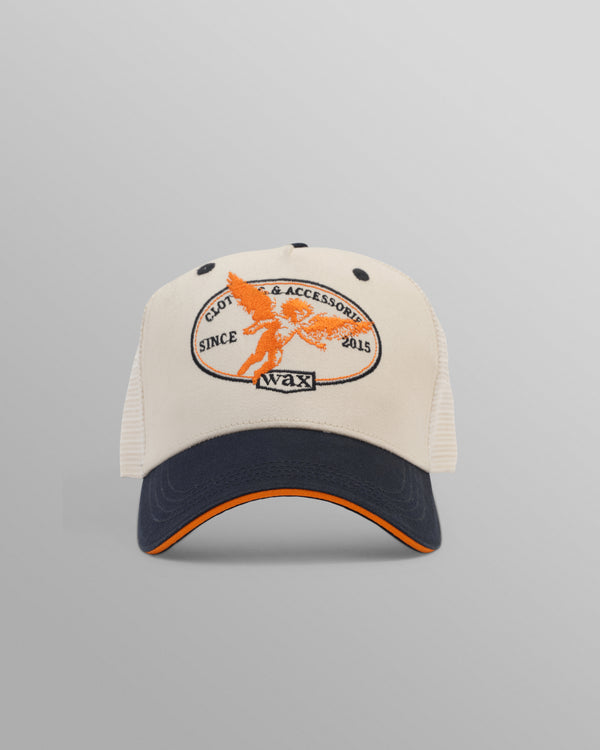 wax london men's Dale - Ecru And Navy Cherub Trucker Cap