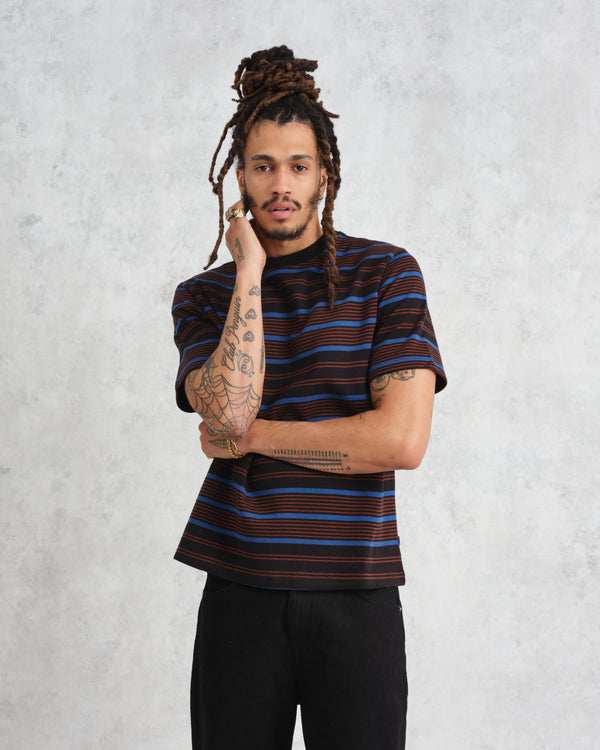 wax london Dean - Blue And Brown Striped Organic Cotton T-Shirt