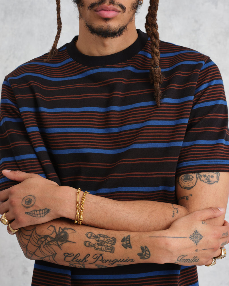 wax london Dean - Blue And Brown Striped Organic Cotton T-Shirt