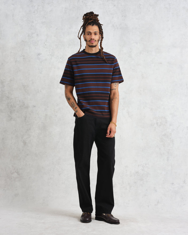 wax london Dean - Blue And Brown Striped Organic Cotton T-Shirt