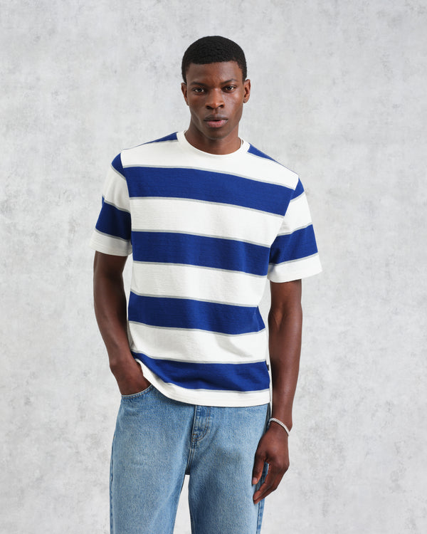 wax london Dean - Blue And Ecru Stripe Textured Organic Cotton T-Shirt