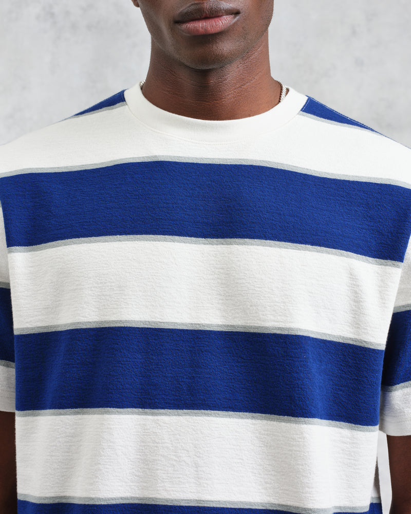 wax london Dean - Blue And Ecru Stripe Textured Organic Cotton T-Shirt