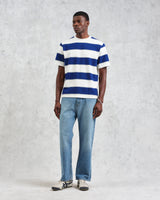 wax london Dean - Blue And Ecru Stripe Textured Organic Cotton T-Shirt