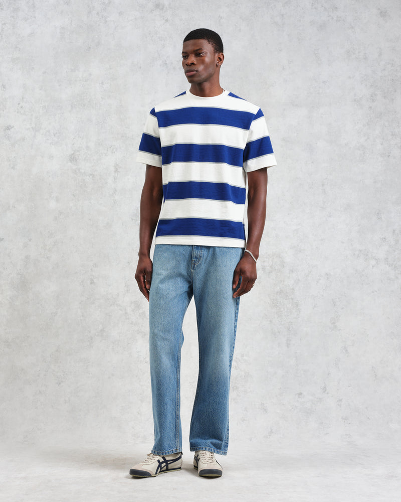 wax london Dean - Blue And Ecru Stripe Textured Organic Cotton T-Shirt