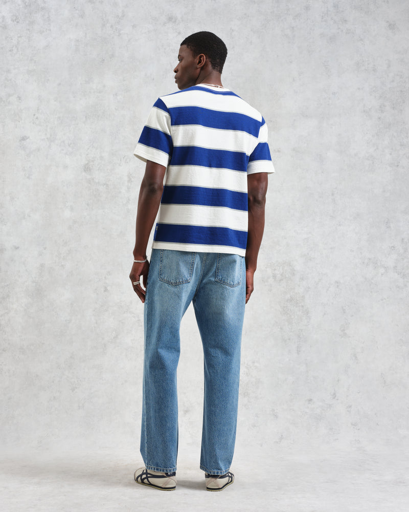 wax london Dean - Blue And Ecru Stripe Textured Organic Cotton T-Shirt