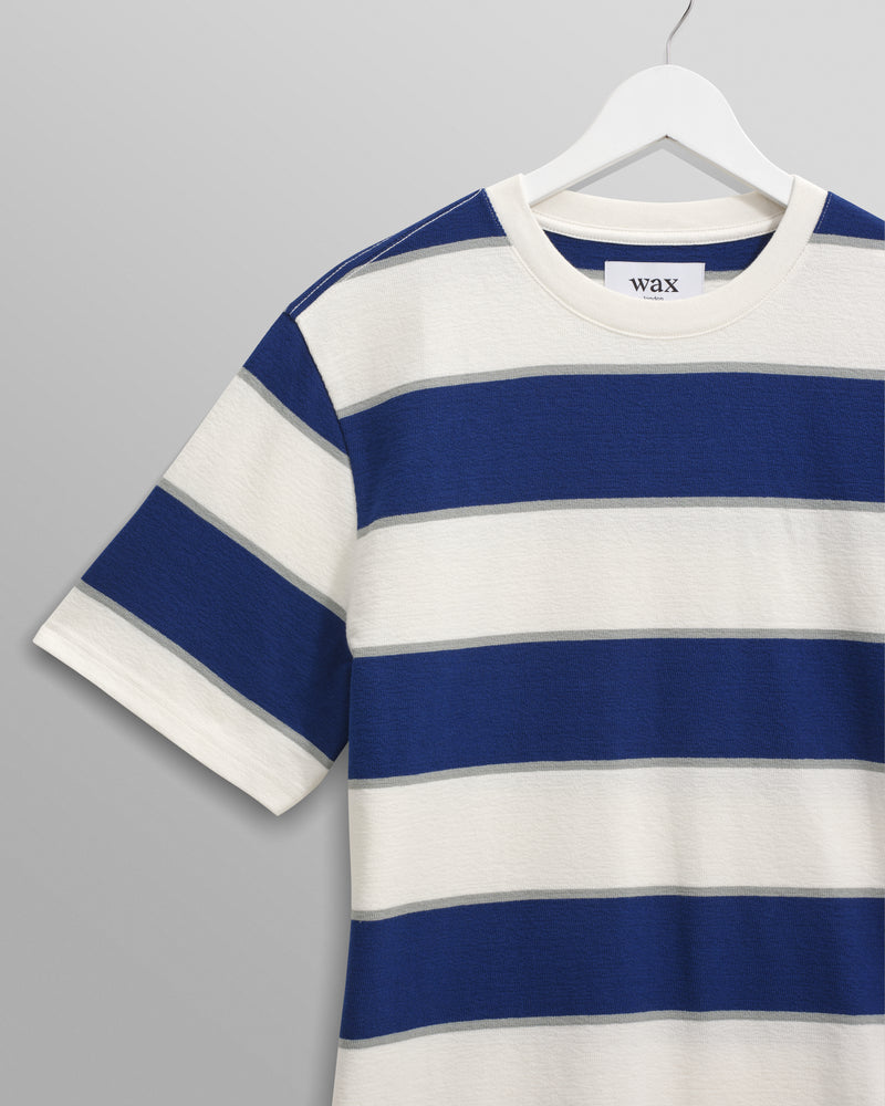 wax london Dean - Blue And Ecru Stripe Textured Organic Cotton T-Shirt