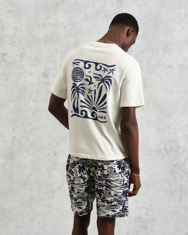 wax london men's Dean - Ecru And Blue Doodle Scene Graphic Cotton T-Shirt