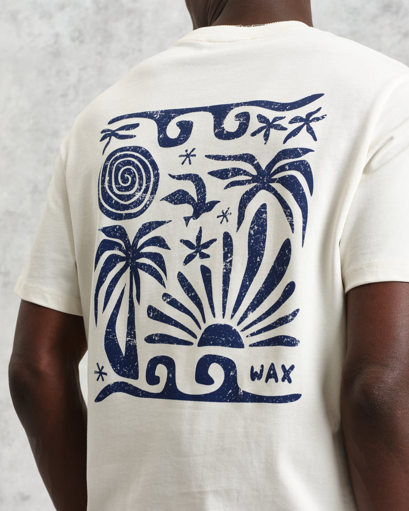 men's wax london Dean - Ecru And Blue Doodle Scene Graphic Organic Cotton T-Shirt