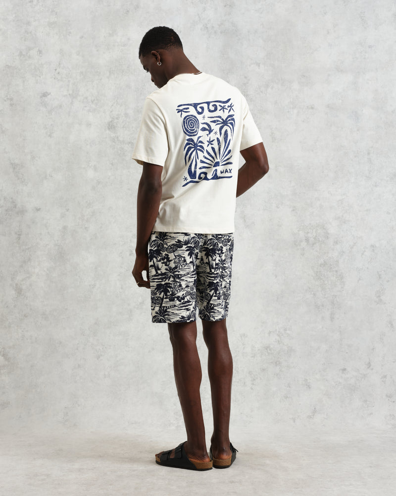 men's wax london Dean - Ecru And Blue Doodle Scene Graphic Organic Cotton T-Shirt