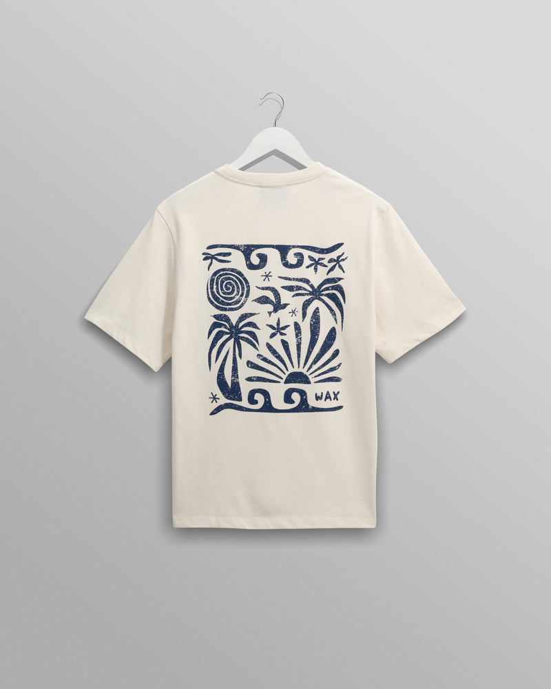 men's wax london Dean - Ecru And Blue Doodle Scene Graphic Organic Cotton T-Shirt