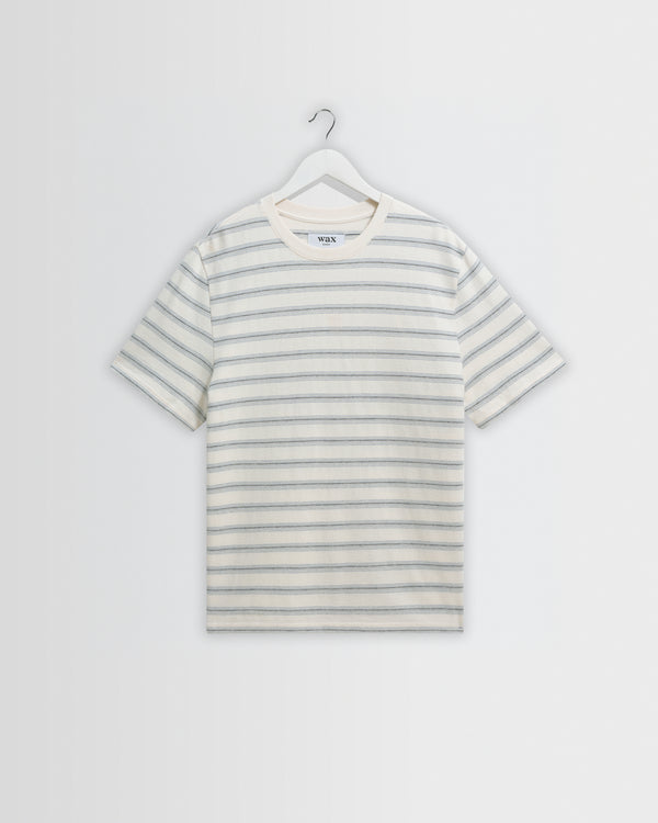 wax london men's Dean - Ecru And Blue Stitch Stripe Organic Cotton T-Shirt