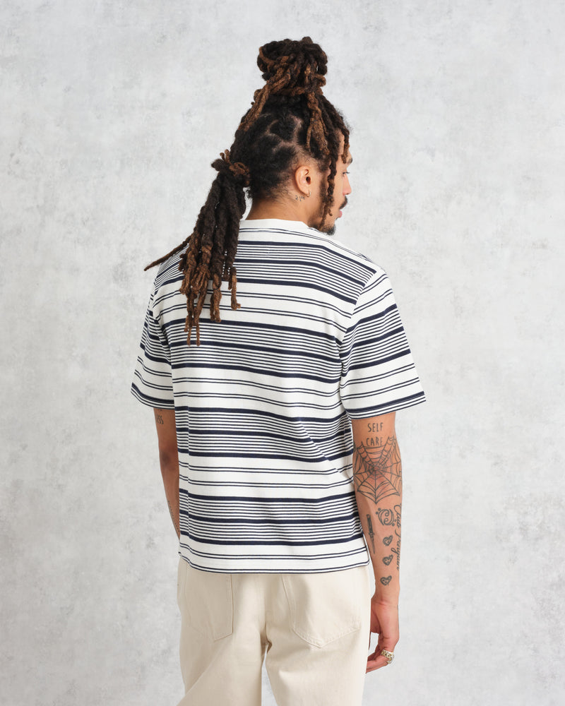 wax london Dean - Ecru And Navy Striped Organic Cotton T-Shirt