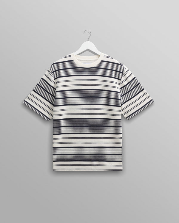 wax london Dean - Ecru And Navy Striped Organic Cotton T-Shirt