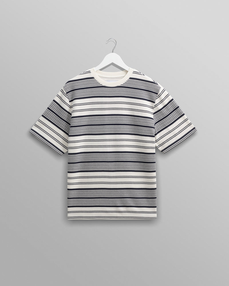 wax london Dean - Ecru And Navy Striped Organic Cotton T-Shirt