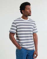wax london men's Dean - Ecru And Navy Textured Stripe Organic Cotton T-Shirt
