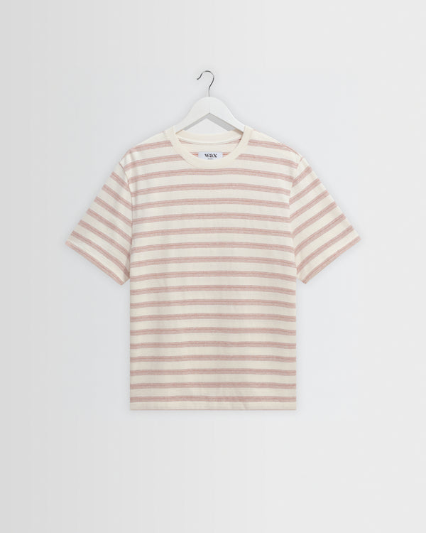 wax london men's Dean - Ecru And Rust Stitch Stripe Organic Cotton T-Shirt