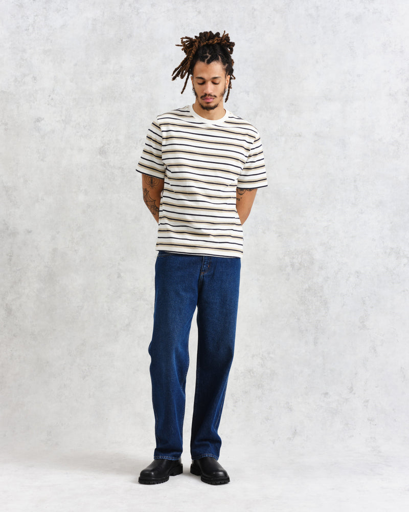 wax london Dean - Ecru Striped Textured Organic Cotton T-Shirt