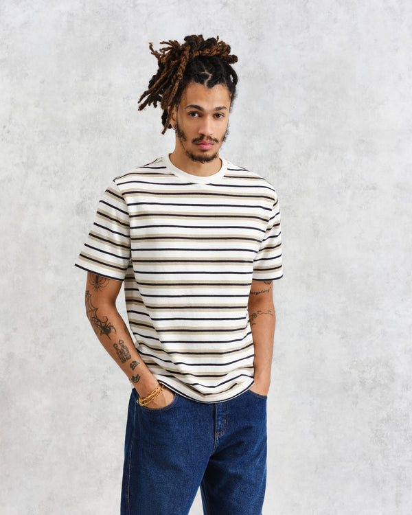 model facing front wearing wax london ecru striped textured organic cotton t-shirt