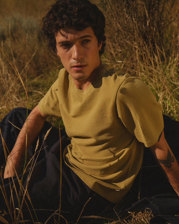 wax london men's Dean - Lime Khaki Textured Organic Cotton T-Shirt