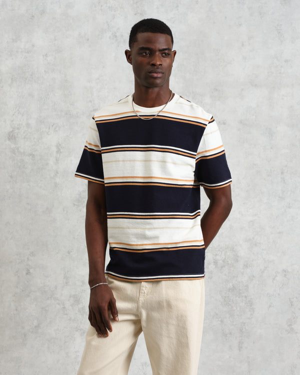wax london Dean - Navy And Ecru Stripe Textured Organic Cotton T-Shirt