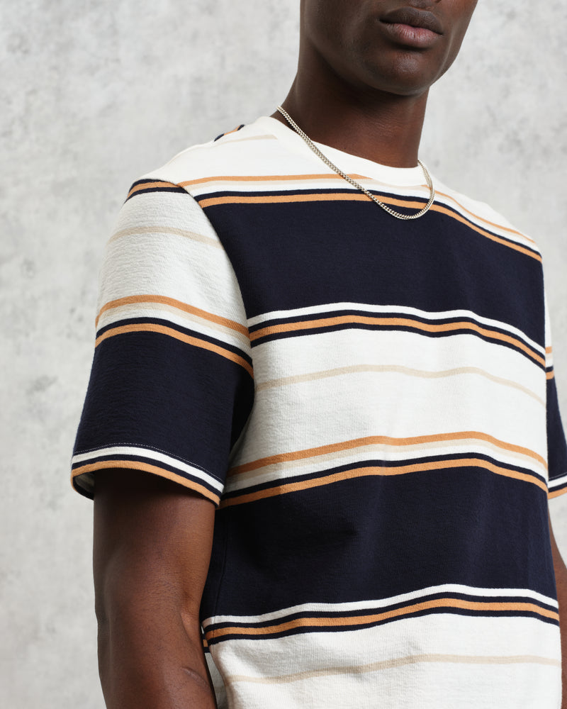 wax london Dean - Navy And Ecru Stripe Textured Organic Cotton T-Shirt