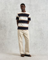 wax london Dean - Navy And Ecru Stripe Textured Organic Cotton T-Shirt