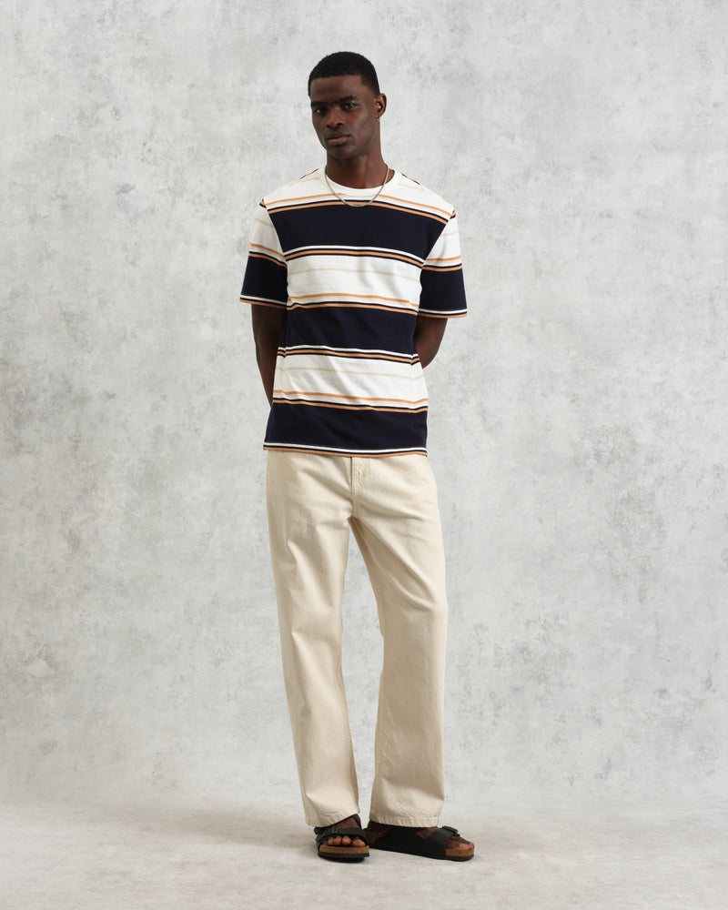 wax london Dean - Navy And Ecru Stripe Textured Organic Cotton T-Shirt
