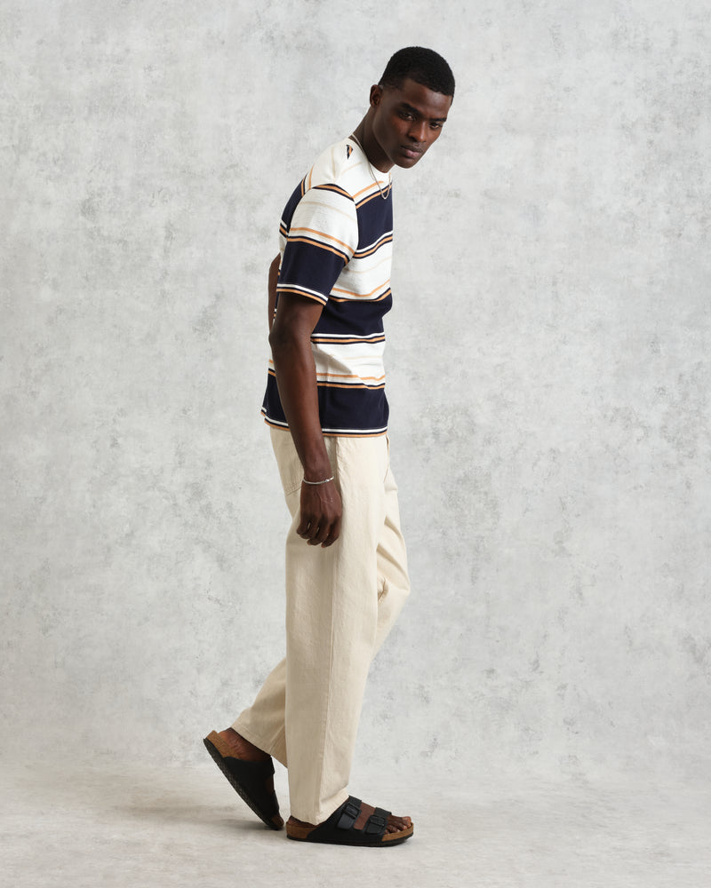 wax london Dean - Navy And Ecru Stripe Textured Organic Cotton T-Shirt