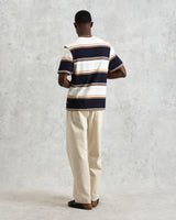 wax london Dean - Navy And Ecru Stripe Textured Organic Cotton T-Shirt