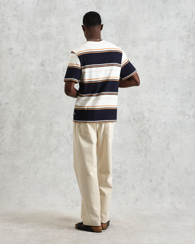 wax london Dean - Navy And Ecru Stripe Textured Organic Cotton T-Shirt