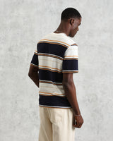wax london Dean - Navy And Ecru Stripe Textured Organic Cotton T-Shirt