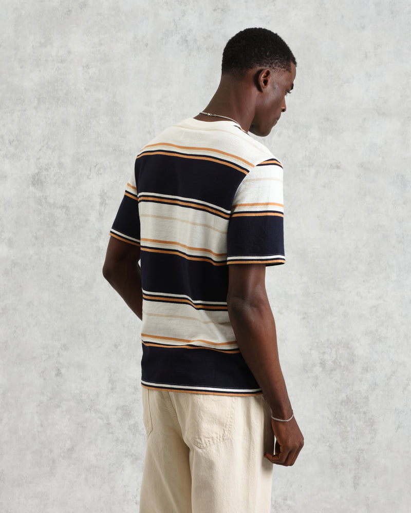wax london Dean - Navy And Ecru Stripe Textured Organic Cotton T-Shirt
