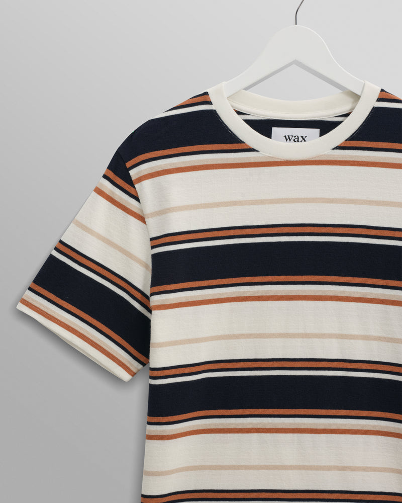 wax london Dean - Navy And Ecru Stripe Textured Organic Cotton T-Shirt