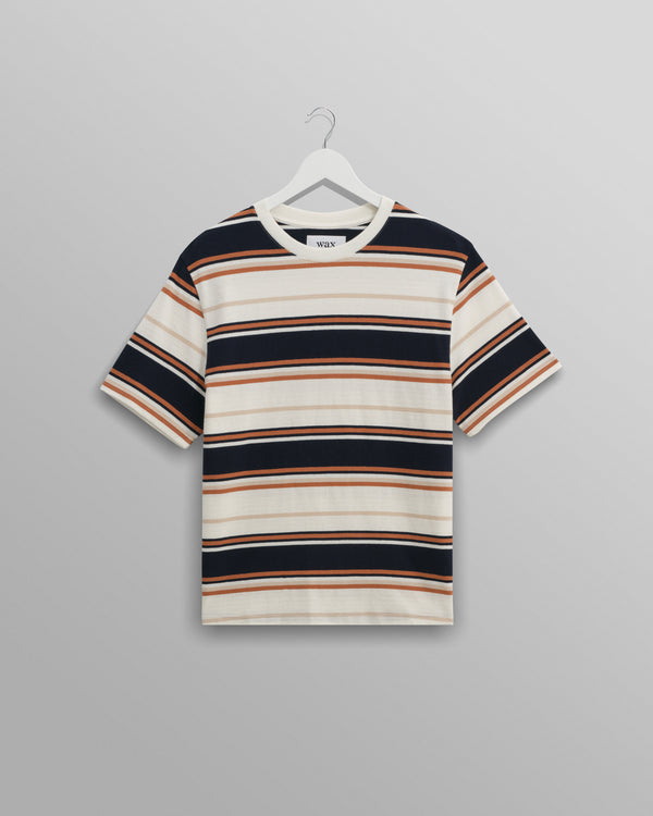 wax london Dean - Navy And Ecru Stripe Textured Organic Cotton T-Shirt