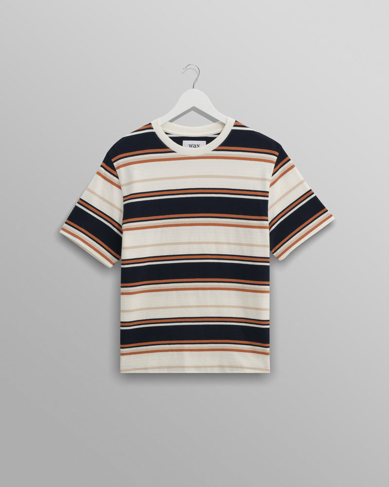 wax london Dean - Navy And Ecru Stripe Textured Organic Cotton T-Shirt