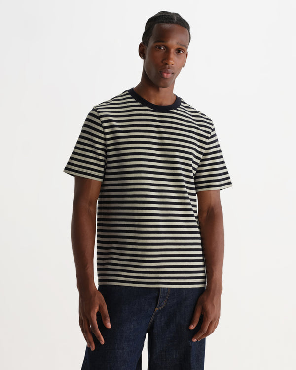wax london men's Dean - Navy And Ecru Striped Textured Organic Cotton T-Shirt