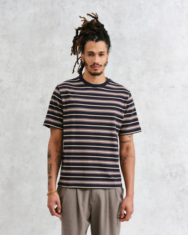 wax london Dean - Navy Striped Textured Organic Cotton T-Shirt