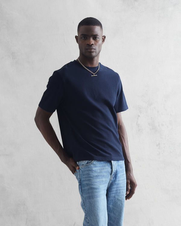 wax london Dean - Navy Textured Organic Cotton T-Shirt