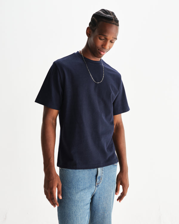 wax london men's Dean - Navy Textured Organic Cotton T-Shirt