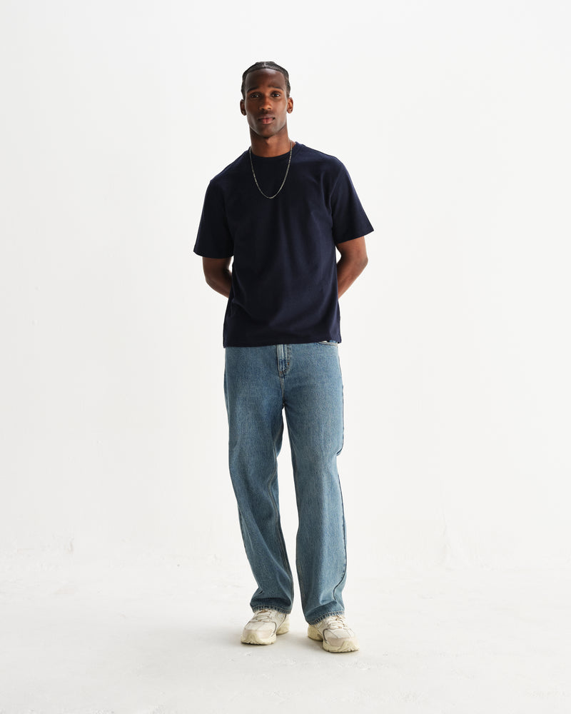 wax london men's Dean - Navy Textured Organic Cotton T-Shirt