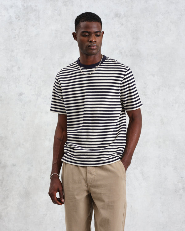 wax london men's Dean - Navy/Ecru Striped Textured Organic Cotton T-Shirt