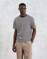 wax london Dean - Navy/Ecru Striped Textured Organic Cotton T-Shirt