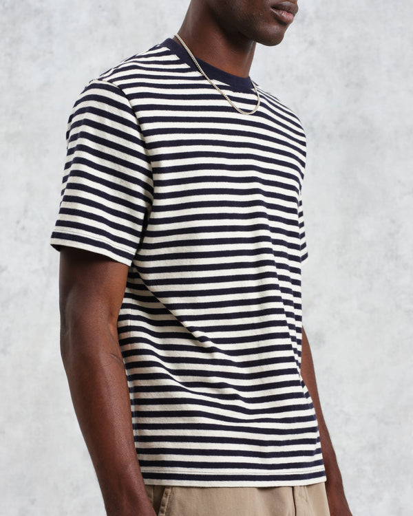 wax london men's Dean - Navy/Ecru Striped Textured Organic Cotton T-Shirt