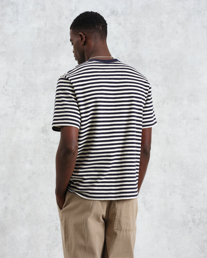 wax london Dean - Navy/Ecru Striped Textured Organic Cotton T-Shirt