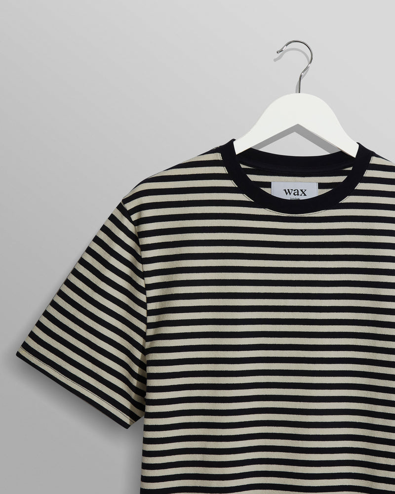 wax london Dean - Navy/Ecru Striped Textured Organic Cotton T-Shirt