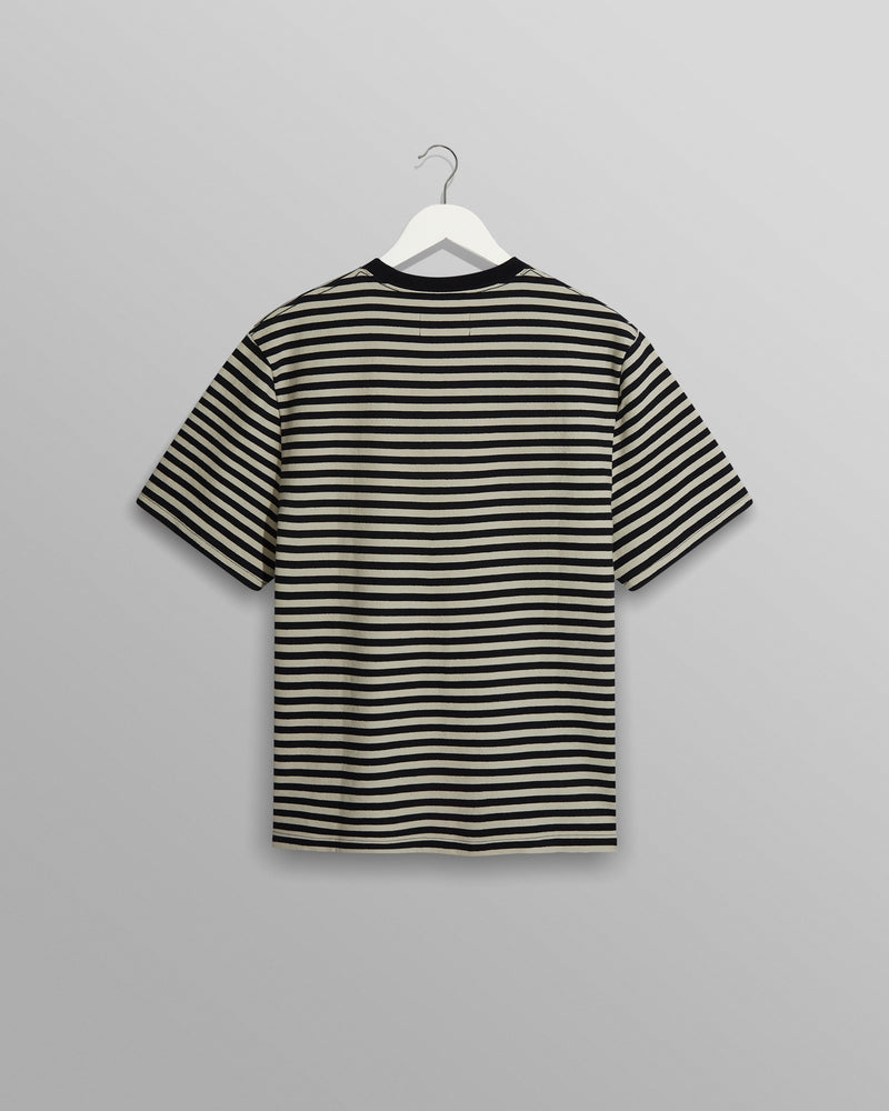 wax london Dean - Navy/Ecru Striped Textured Organic Cotton T-Shirt