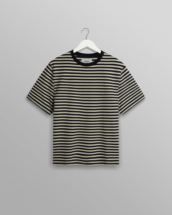 wax london Dean - Navy/Ecru Striped Textured Organic Cotton T-Shirt