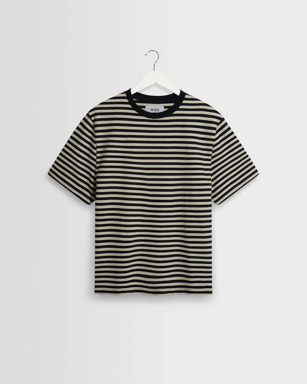 wax london men's Dean - Navy/Ecru Striped Textured Organic Cotton T-Shirt