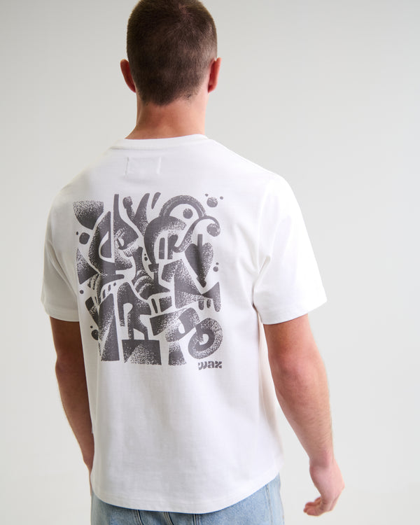 wax london men's Dean - Off-White And Charcoal 90s Doodle Graphic Cotton T-Shirt