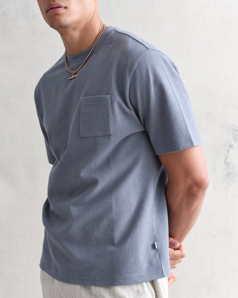 wax london Dean T-Shirt Textured Blue With Pocket